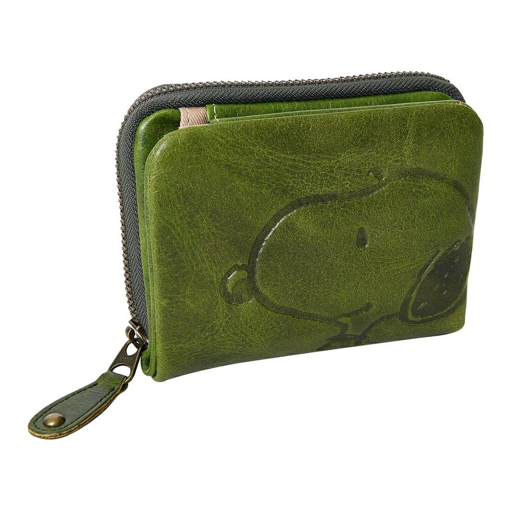 PEANUTS Snoopy Bifold Wallet, Genuine Leather, MOTHERS, Bag-Stitched, R, Bifold Wallet, Women's and Men's, 73165 (Green)