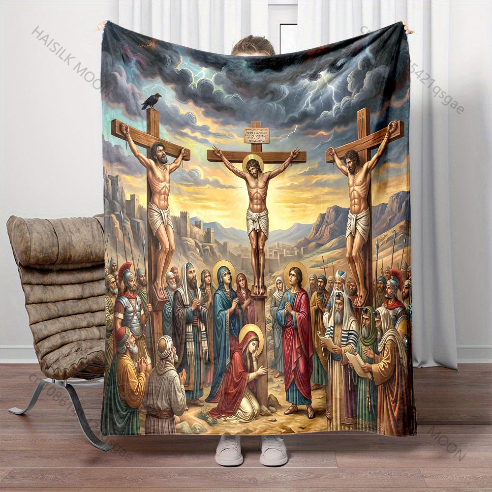 1PC Crucifixion Scene Print Blanket Prayer Blankets for Believers Suitable for Home Sofa Camping Travel Car Luxury Gifts