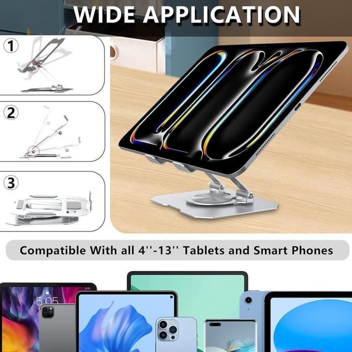 Držák na tablet - BOOLING - Otočný o 360° - Skládací - Kovový stříbrný - Protiskluzový