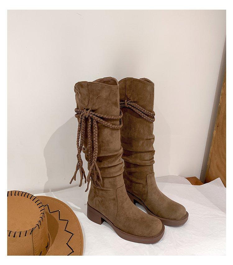 Cowhide version~ retro wasteland fringed knight boots thick heel but knee long boots slim pile medium boots women