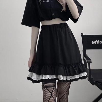 JK Dámske gotické čipkované mini sukne Roztomilá Japonská volánová Harajuku Fairy Grunge Čierna skladaná sukňa Lolita S vysokým pásom Dievčenská sukňa