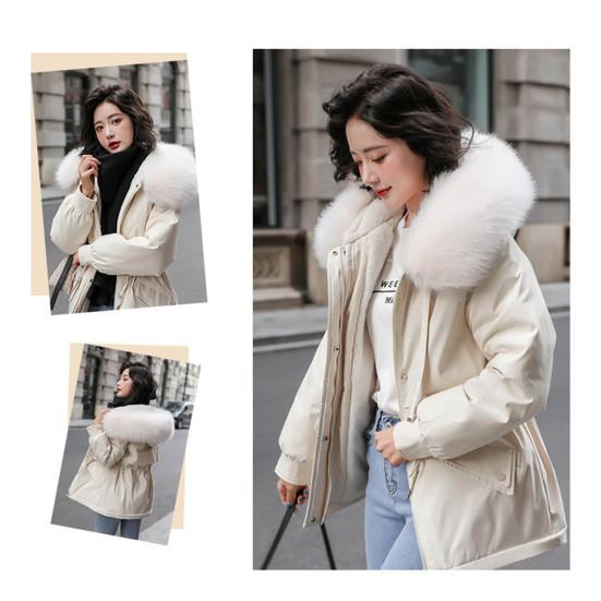 Women Padded Jacket Thickened Plush Lined Coat with Drawstring Waist Winter Warm Puffer