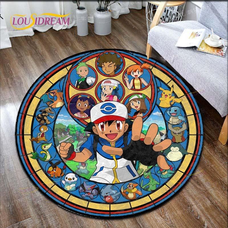 Cartoon Pokemon Print Children Pikachu Carpet Area Rugs Round Carpet for Living Room Floor Mat Flannel Anti-Slip Mat Room Decor