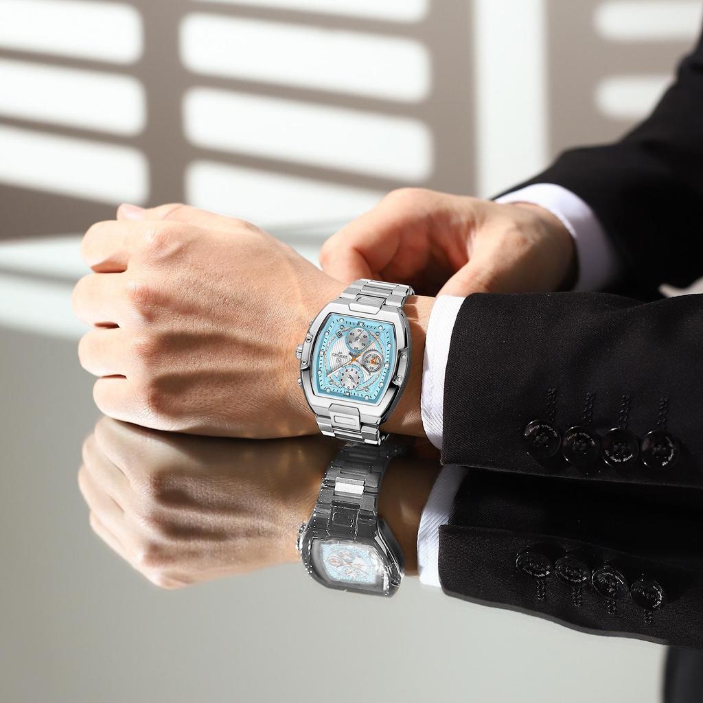 New Design Tonneau Watch Men Luminous Waterproof Date Stainless Steel Chronograph Quartz Watches for Men Relogio Masculino