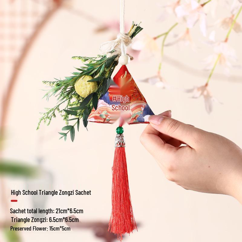 Dragon Boat Festival Sachet: Triangle Zongzi Mugwort Hanfu Pendant with Dried Flowers Portable Lucky Bag Gift.