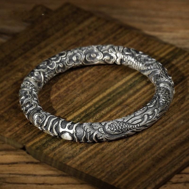 Snowflake Silver Bracelet Men's Personalized Retro Wear Yunlong Pattern Full Dragon Sterling Silver Bracelet National Style