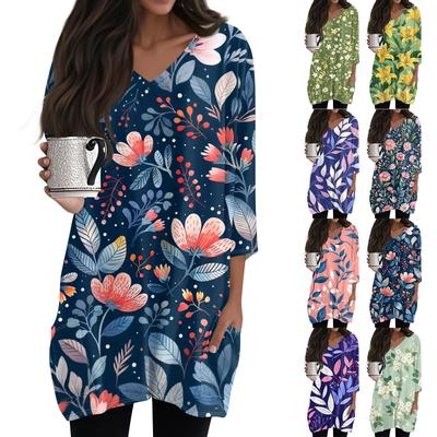 Women's Casual V-neck 3/4 Sleeve Vintage Floral Print Top