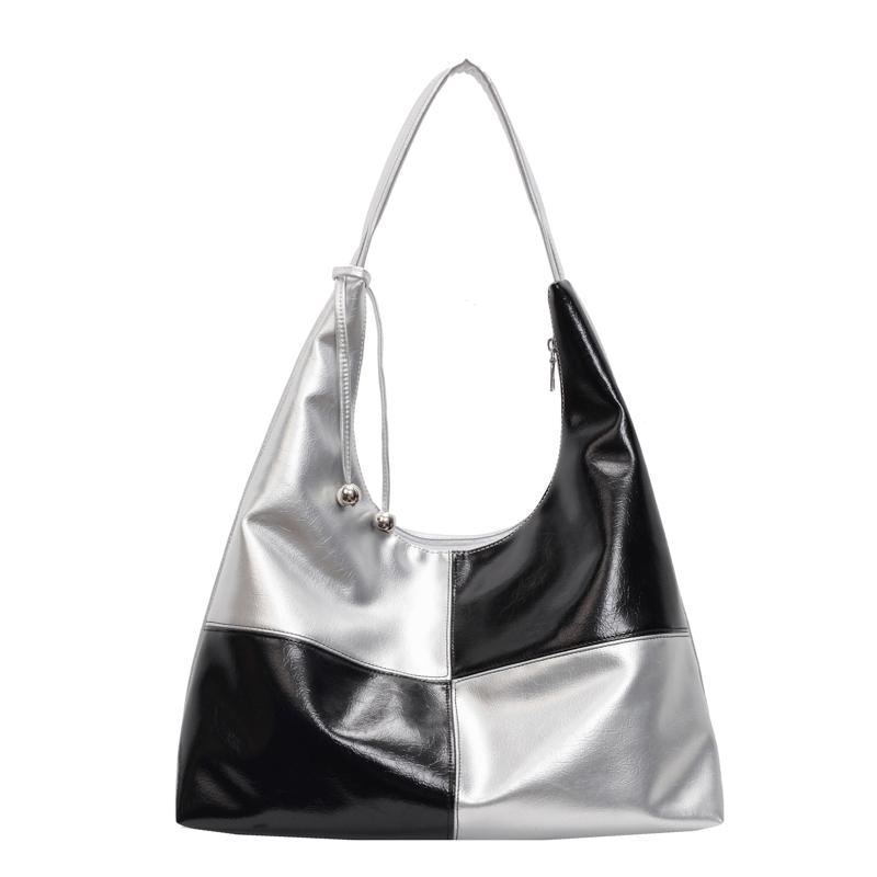 

Женская сумка-тоут из искусственной кожи, большая вместимость, контрастный цвет, мягкая кожаная сумка через плечо серебряный