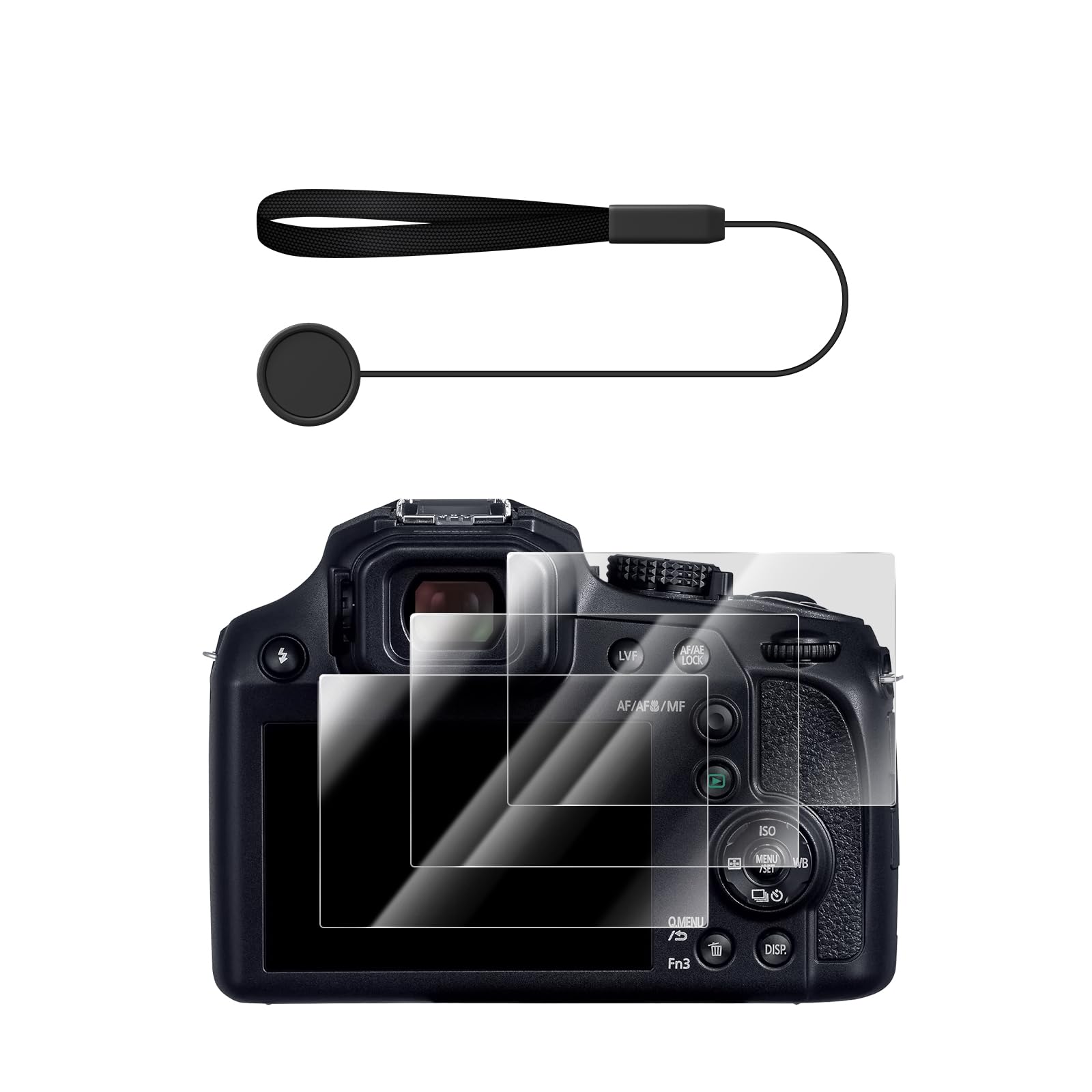 

VOVMOEYA 3 Piece Toughened Glass Film with Lost Prevention Strap Compatible with Panasonic Lumix FZ80D FZ82 FZ82D FZ85 FZ85D TZ85 ZS70 TZ90 TZ95