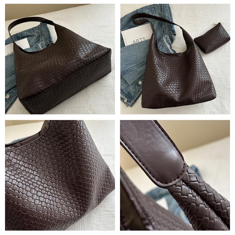 Women Retro Woven Pattern Hobo Bag, Soft PU Large Shoulder Tote Bag, Everyday Casual Handbag with Matching Mini Pouch for Work Travel