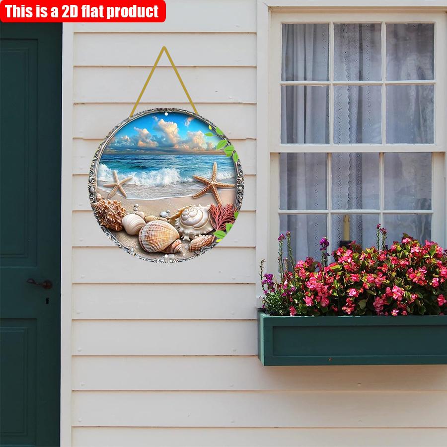 2D flach 20*20cm 1Stk. Küstenatmosphäre Strandmuschel&Seesternmuster runde Wandkunst Dekor, Wellen&Blauer Himmel Landschaft Holzanhänger, modern rustikal