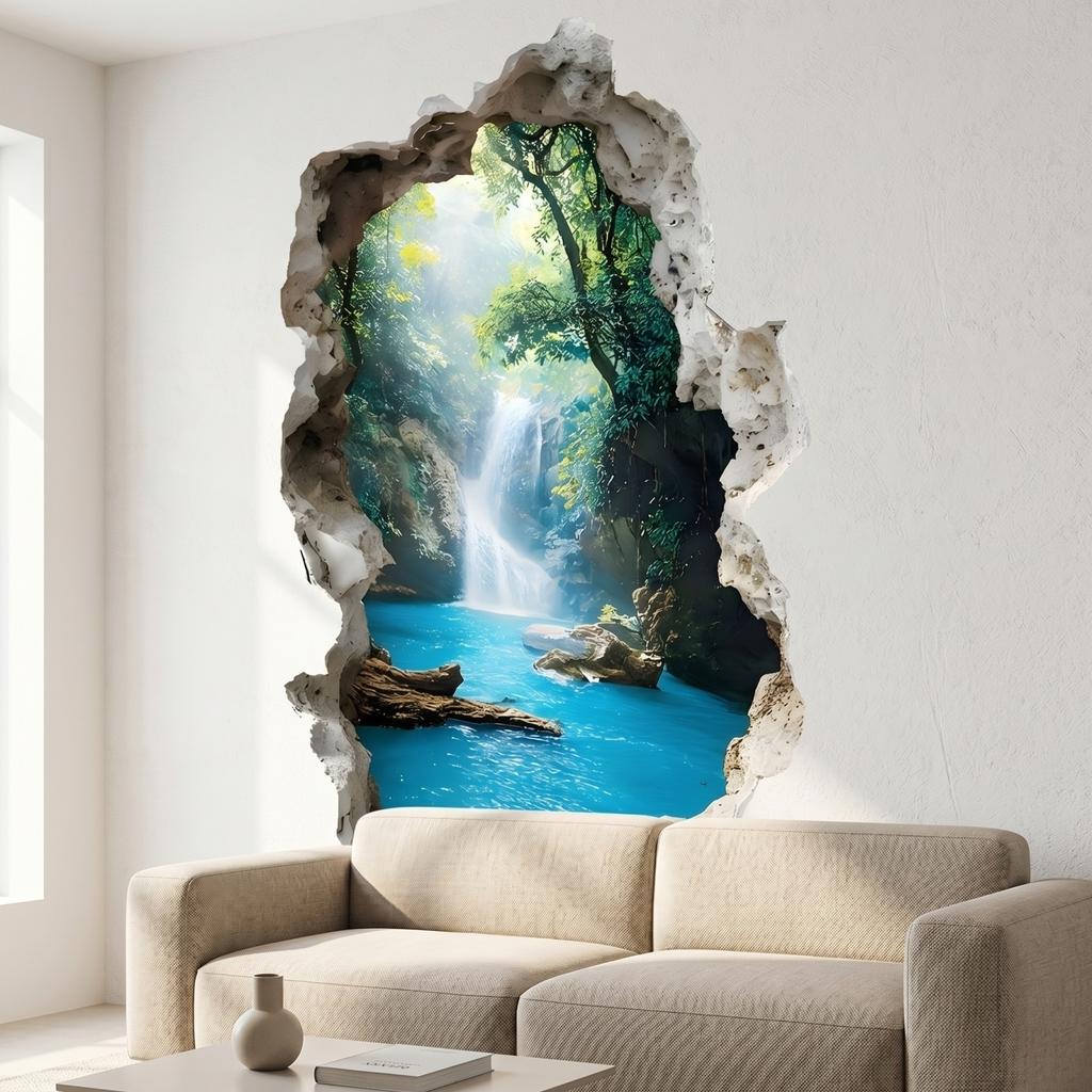 Peel and Stick Wall Decal Waterfall Scene Wall Mural Removable Wall Sticker for Living Room Bedroom Sofa Background Wall Decoration