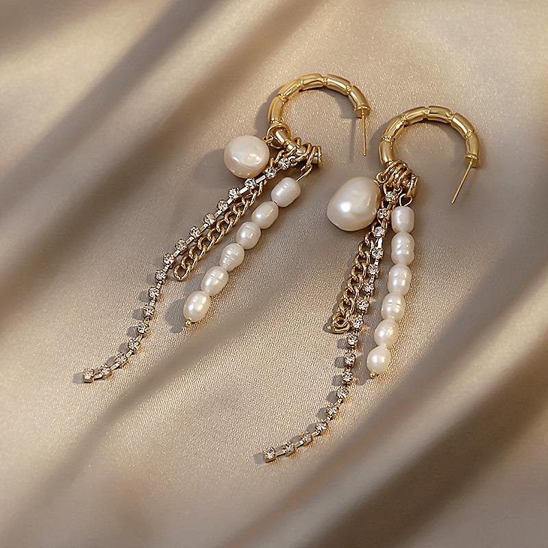 Baroque Pearl Tassel Drop Earrings for Women Shiny Crystal Rhinestone Chain Long C Shape Long Earrings Luxury Party Jewelry Gift