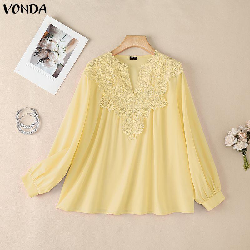 VONDA Summer Women V Neck Crochet Lace Splicing Loose Casual Long Sleeve Blouse