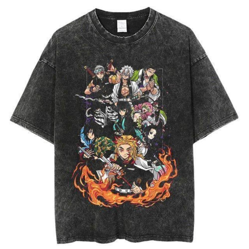 Original Ghost Slayer Retro Washed Anime Short Sleeved T-shirt with Printed Pattern for Daily Leisure Sports T-shirt