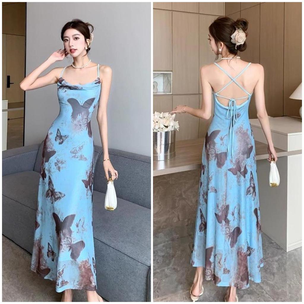 French Blue Butterfly Floral Mermaid Dress: Women's Slim Fit A-line for Summer Resort