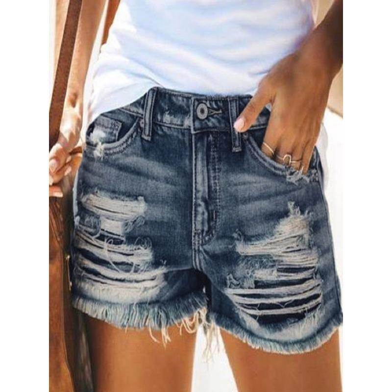 Women's New High-waisted Fringed Ripped Denim Shorts