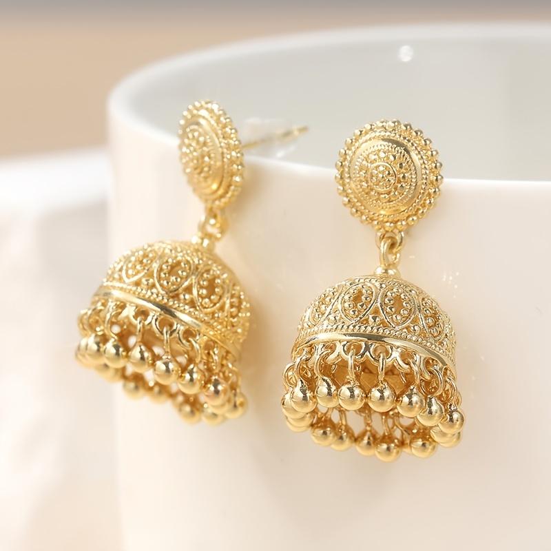 Pair of Vintage Brass Golden-Plated Earrings, Handmade Bohemian Style Bell and Bead Pendant Earrings for Daily Wear and Parties, Christmas Accessory|B