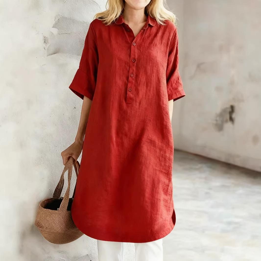 

Women s Summer Cotton Linen Shirt Dress Casual Short Sleeve Lapel Button Down Loose Solid Color Midi Dress for Daily Wear XXL червоний