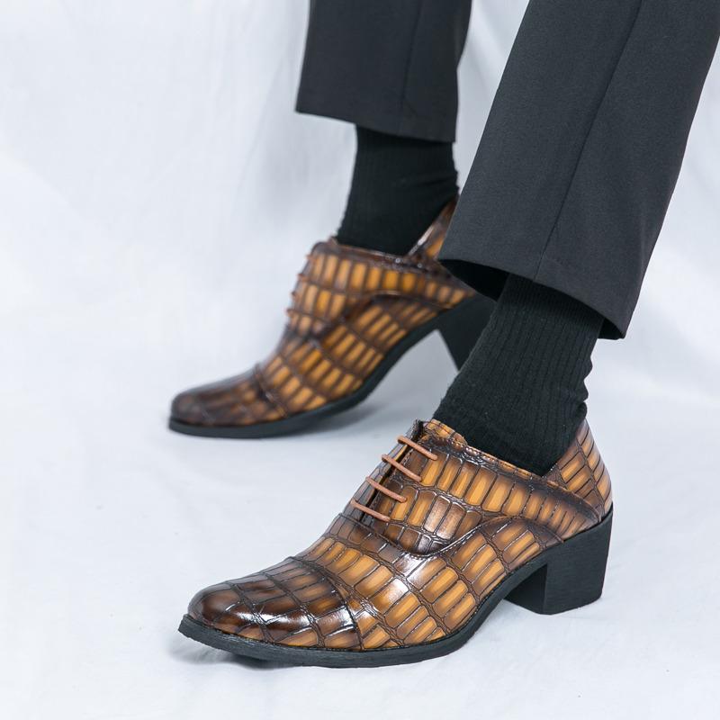 Luxury Brown Men's High Heel Shoe Pointed Leather Dress Shoes for Men Fashion Height Increasing Wedding Formal Shoes Men Oxfords