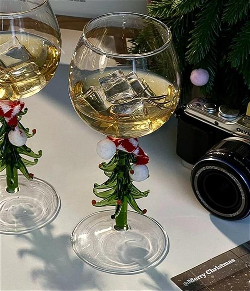 Christmas Tree Handle Glasses  Champagne Goblet Pink Glasses High Borosilicate Heat-resisting Glass Wine Glasses Gift 301-400ml