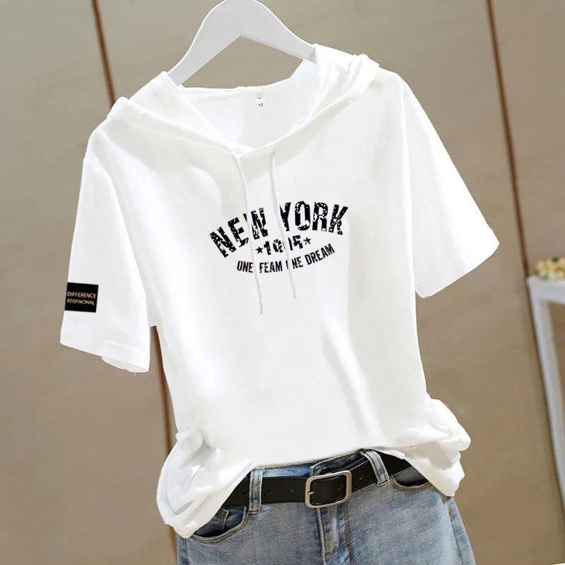 

100% Cotton Ethnic-Style Short Sleeve Hooded Sweatshirt for Women - Casual, Loose-Fit, and Versatile Summer Top. M【80-100 lbs】