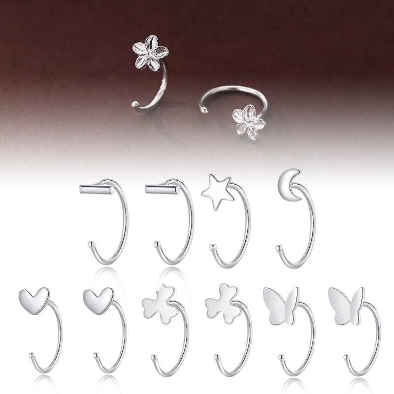 Earrings Silver Women Heart Flower Star Moon Butterfly Shape Decoration Stud