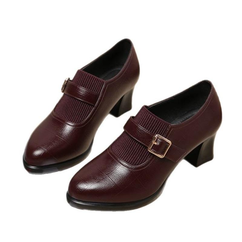 Flying woven pointed elastic splicing thick heel deep mouth single shoes women's autumn versatile retro middle heel fashion small leather shoes