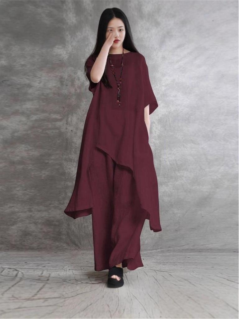 Plus Size Women's Southeast Asian Sportswear Set: Short Sleeve Top & Casual Long Pants.