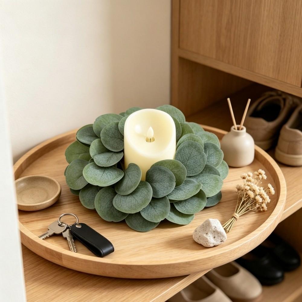 Exquisite Wreath Candle Holder Artificial Green Leaves Christmas Candle Rings  Home Foyer