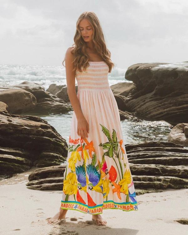 2026 European and American summer new dress, striped print beach vacation big swing dress women S