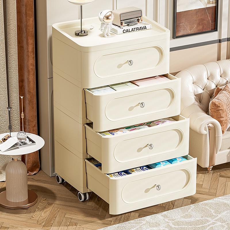 Cream Style Plastic Storage Cabinet: Thick Drawer-Type Bedside Table for Bedroom or Living Room Snack Storage.