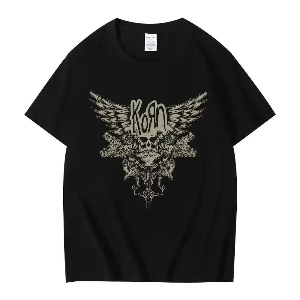 2024 Summer Korn Skull Wings Black T Shirt Women and Men Metal Gothic Band T Shirts Vintage Plus Size T-shirt Cotton Tops
