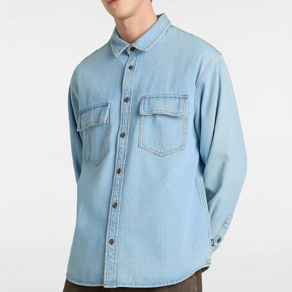 Vans Vintage Polo Collar Solid Color Denim Long Sleeve Shirt Men Shirts Blue VN000M12IYR