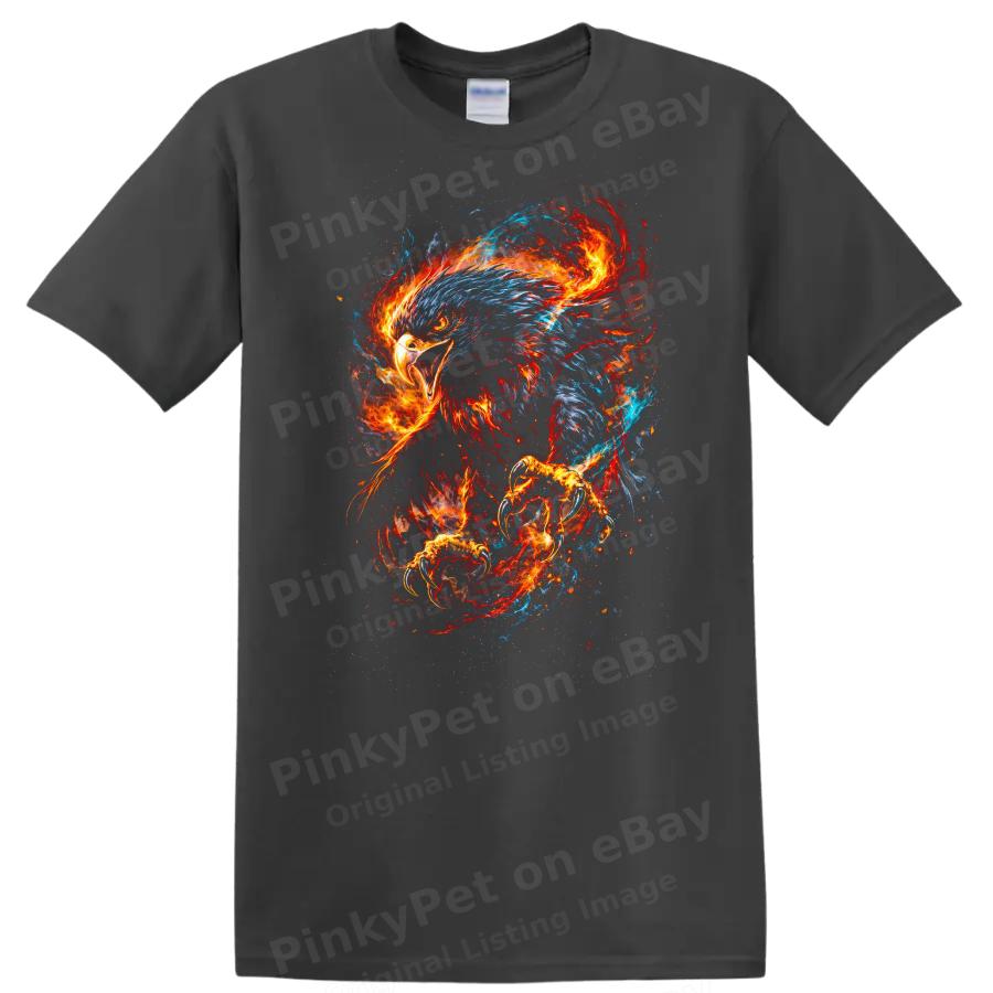 Fiery Eagle Graphic T Shirt Cool Animal Design Flames Colorful Tee