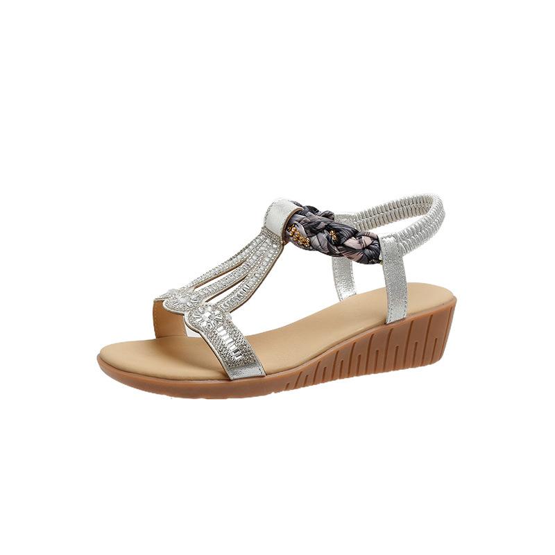 Wedge sandals women's large size summer new bohemian rhinestone elastic foot sandals