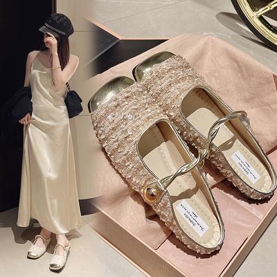 French Sequined Silver Bag Head Half Slippers Women's Spring and Summer Xiaoxiangfeng Korean Version Temperament Mary Jane Single Shoes Women's Shoes