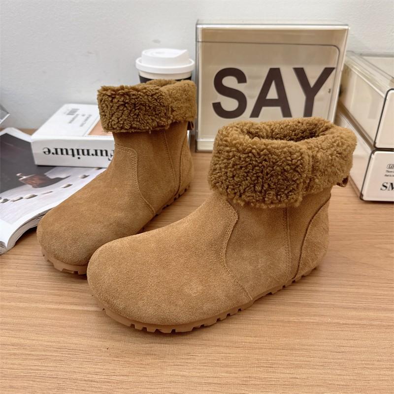 Fashion AJGS Wool Snow Boots Women's 2024 New Leather Winter Flat Warm Plush Cotton Shoes Versatile Mid-calf Boots