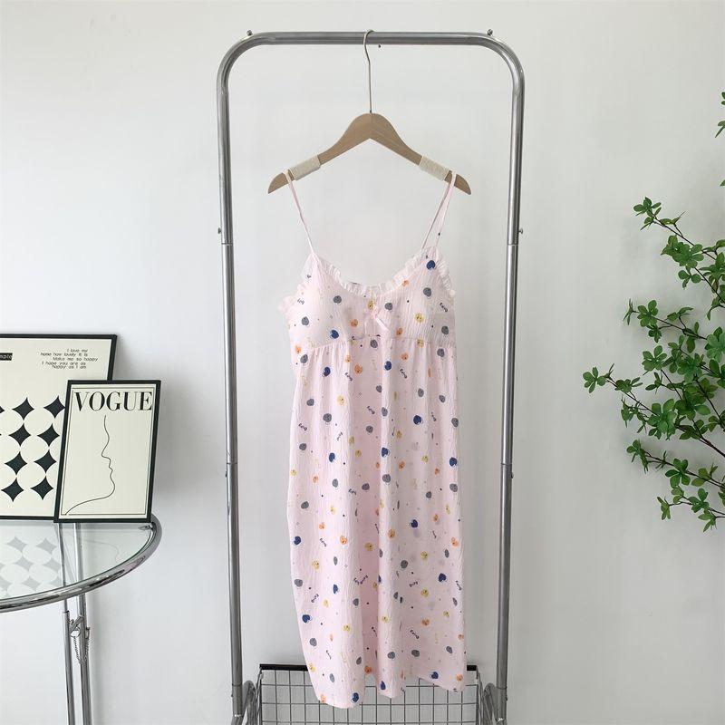 With Chest Pad Anti-exposure Nightdress Summer New Woven Foamed Cotton Suspender Dress Cute Sweet Girl Sleeveless Pajamas