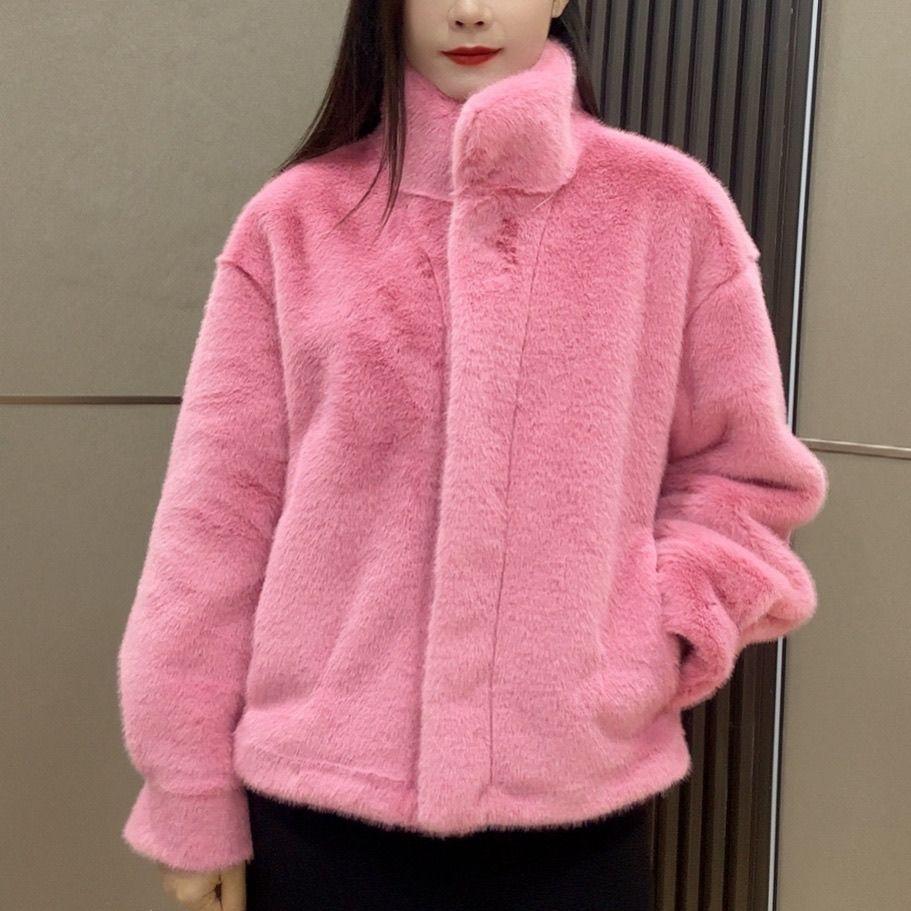 Short Fashion Stand Up Collar Leopard Print Fur Coat for Women In Winter Warm and Loose