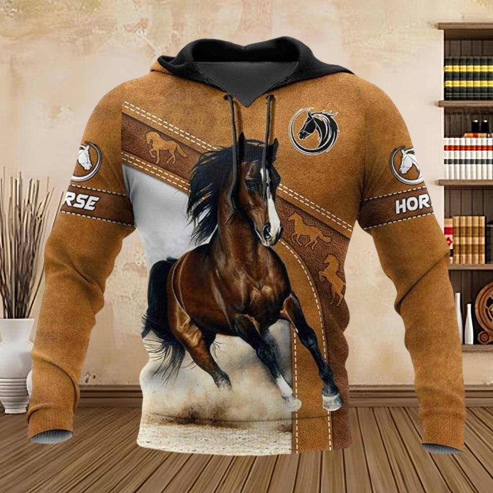 Hoodie Horse Pattern Harajuku Print Pullover Men's Hooded Sweatshirt Oversized Vintage Male Clothing Fall