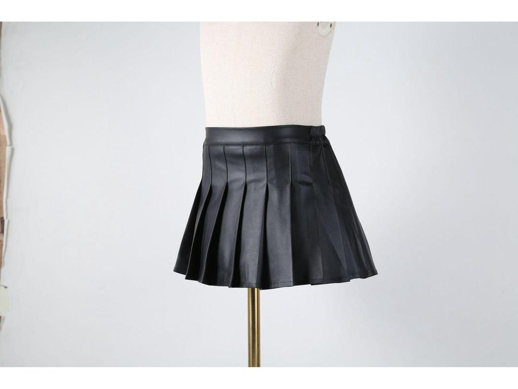 Schwarzer PU-A-Linien-Faltenrock für Mädchen mit hoher Taille und Hose für Herbst und Winter