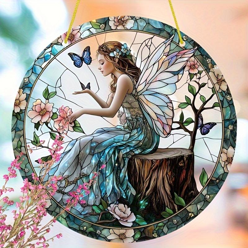 Bohemian Flower Fairy Sun Catcher - Vibrant Floral & Butterfly Acrylic Wall Art, Fairy Garden Decor for Outside, Whimsical Design, Nurseries, Vinta