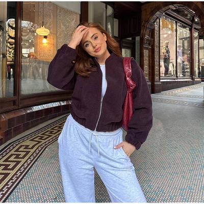 Casual Women's Short Burgundy Jacket Vintage O-neck Zipper Pocket Long Sleeve Bomber Jackets 2025 Spring Autumn Lady Street Outwear