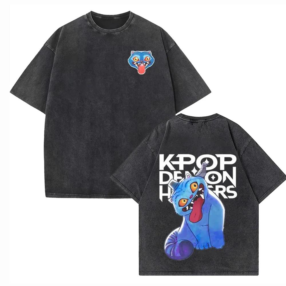 Summer Vintage KPop Demon Hunters Tiger Washed Cotton T-shirts for Men Harajuku Round-neck Heavy Tshirts Oversize Unseix Tee Top