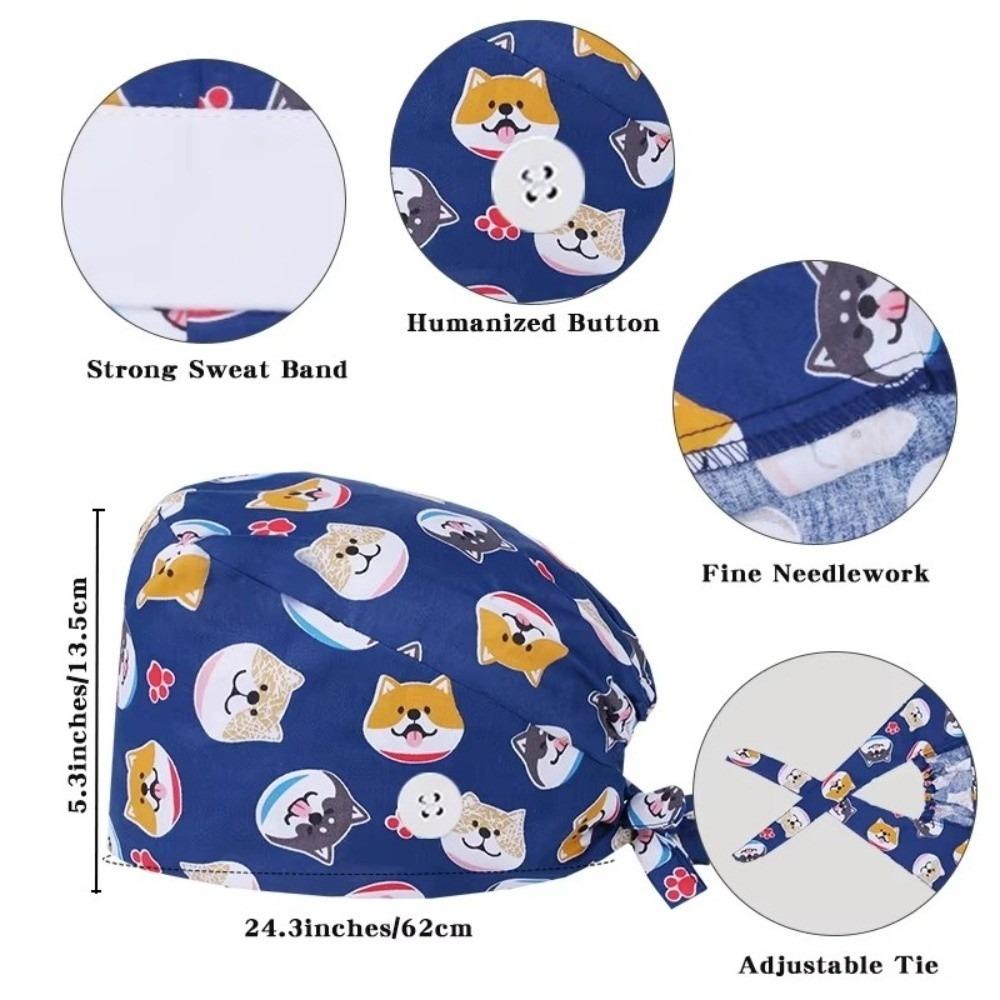 Unisex Cartoon Printing Scrub Cap Adjustable Buckle Print Design Lab Scrub Hat Breathable Soft Pure Healthcare Hats Pet Hospital