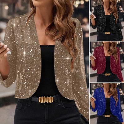 Women Sparkly Cardigan Coat 3/4 Sleeve Open Front Sequin Tops Sexy Golden Bling Coat Casual Holiday Party Outfit