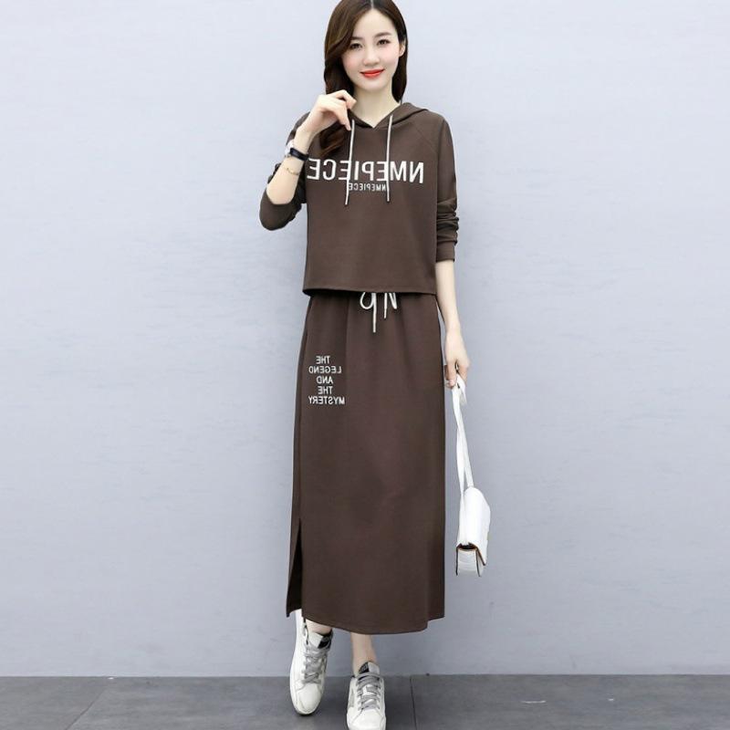 Women's Loose Fit Two-piece Skirt Suit Long Sleeve Cropped Hoodie High Waist Midi Skirt Letter Print Casual Athleisure Matching Outfit Set