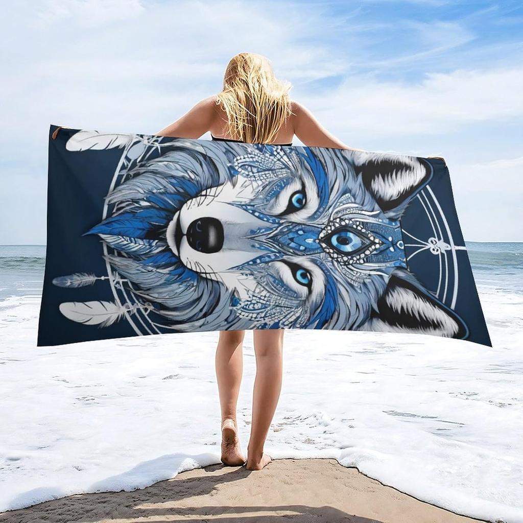 Beach Towel for Men Women Absorbent Quick Dry Bath Towels Compatible with Totem Native American Wolf Dream Catcher, Sand Free