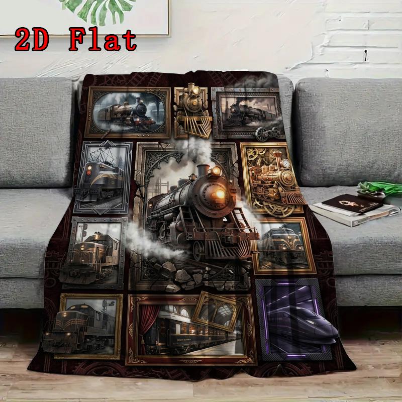 Steam Train Art Rug 2D Flat Pattern Flannel Blanket, High quality All Seasons, Home Decor, Warmth and Comfort, Perfect for Christmas Gifts.